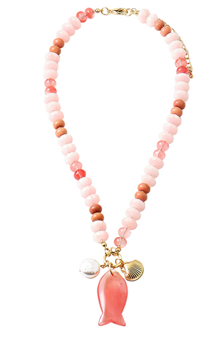 Gemstone with Fish Charm Necklace  - Pink