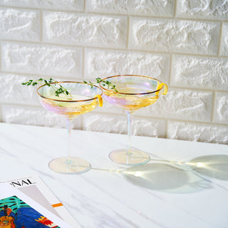 Iridescent Colored Gilded Rim Coupe Glass 2 Set Large 9OZ Rainbow Cocktail Champagne Luster Pearl Gl