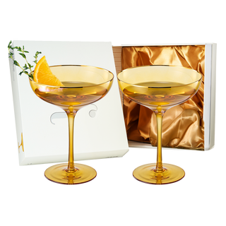 Colored Sunset Yellow Gilded Rim Coupe Glass 9OZ Cocktail Champagne Glasses 2 Set Vibrant Color Gold