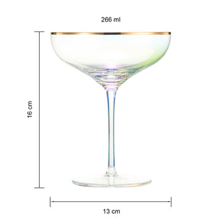 Iridescent Colored Gilded Rim Coupe Glass 2 Set Large 9OZ Rainbow Cocktail Champagne Luster Pearl Gl