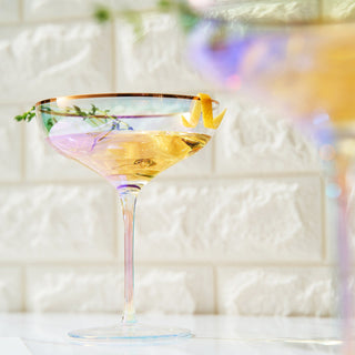 Iridescent Colored Gilded Rim Coupe Glass 2 Set Large 9OZ Rainbow Cocktail Champagne Luster Pearl Gl