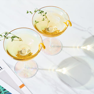 Iridescent Colored Gilded Rim Coupe Glass 2 Set Large 9OZ Rainbow Cocktail Champagne Luster Pearl Gl