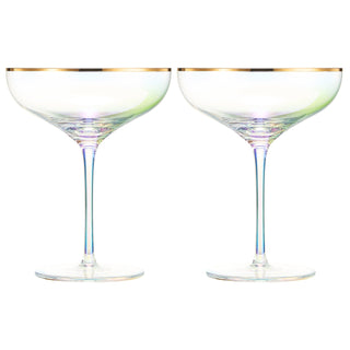 Iridescent Colored Gilded Rim Coupe Glass 2 Set Large 9OZ Rainbow Cocktail Champagne Luster Pearl Gl
