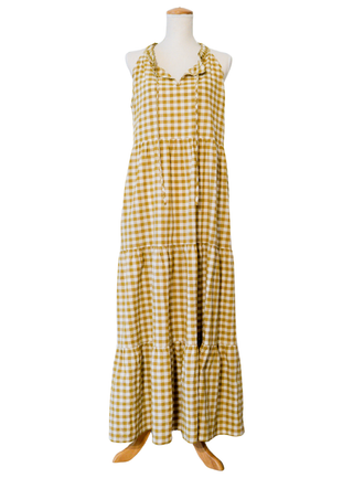 Picnic Check Halter Dress Long- Honey