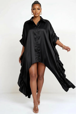 Polished Satin Ruffle Shirt - Black