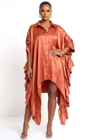 Polished Satin Ruffle Shirt - Terracotta