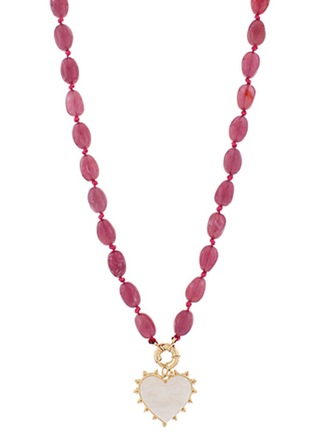 Heart and Marble Stone Beaded Necklace - Pink