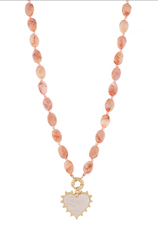 Heart and Marble Stone Beaded Necklace - Rose pink