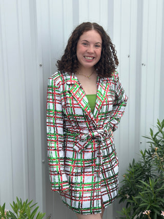 Queen of Sparkles - White, Green & Red Full Sequin Plaid Tie Blazer Dress