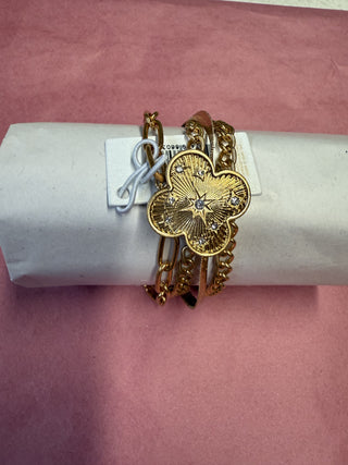 Gold Bracelet w/ Multi Layered Chains w/ Crystal Starbursts and Starburst Texture Clover Magnetic Clasp