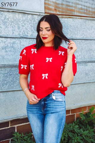 Red Short Sleeve Top W/White Bow Detail