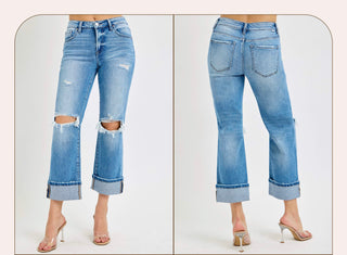 Distressed Medium Washed Cuffed Jeans