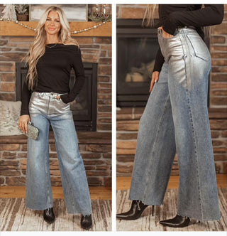 High Rise Silver Foiled Wide Leg Jeans