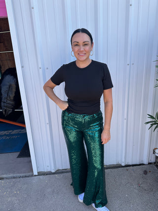 Christmas Mid Rise Flare Sequin Holiday Pants-Hunter Green