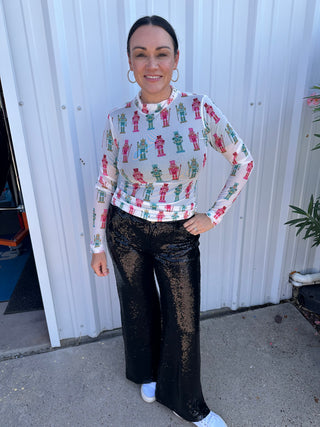 Christmas Mid Rise Flare Sequin Holiday Pants-Black