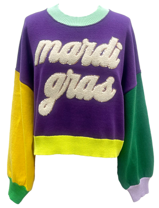 Queen of Sparkles - Colorblock Fuzzy 'Mardi Gras' Sweater