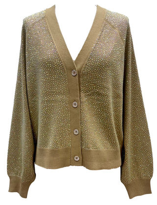 Queen of Sparkle - Tan Knit Cardigan with Clear Iridescent All Over Rhinestones