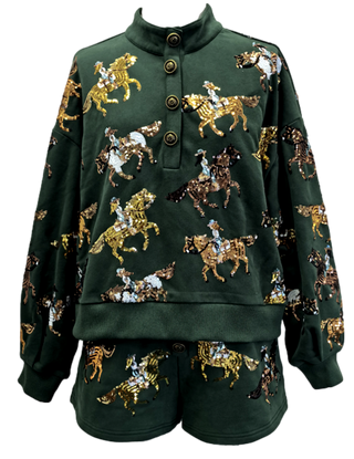 Queen of Sparkles - Dark Green Horse Riders Henley Sweatshirt