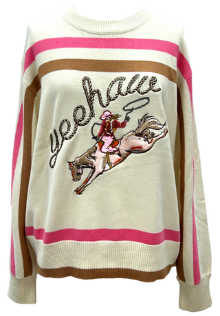 Queen of Sparkles - Beige Yeehaw Cowgirl Sweater