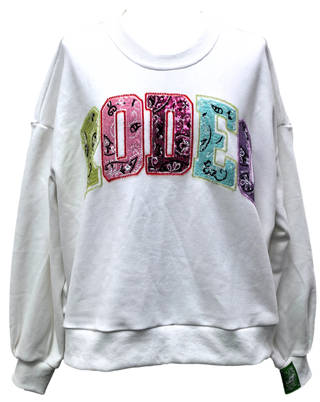 Queen of Sparkles - White Multi Bandana Sequin 'Rodeo' Sweatshirt