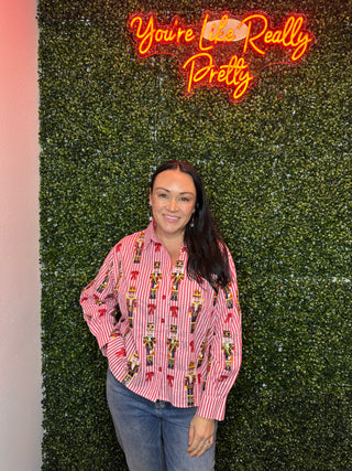 Queen of Sparkles QOS Red Stripe Scattered Nutcracker & Bow Cotton Button Up Top