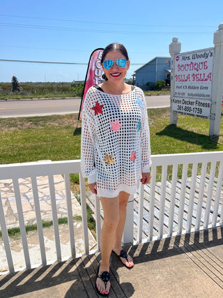 White Crochet Cover-up with Sequin Stars