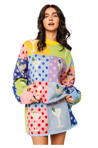 QOS Polka Dot Colorblock Martini Sweater