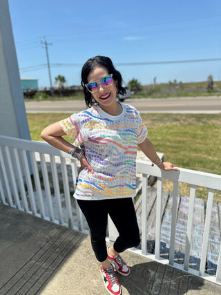 Queen of Sparkles - White & Neon Seed Bead & Sequin Tiger Striped Tee