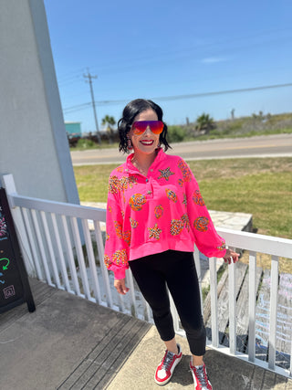 Queen of Sparkles - Hot Pink Multi Shell Henley Sweatshirt