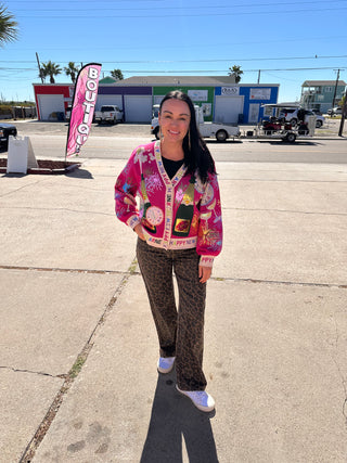 Queen of Sparkles Hot Pink NYE Icon Button Up Cardigan With 'Happy New Year' Trim