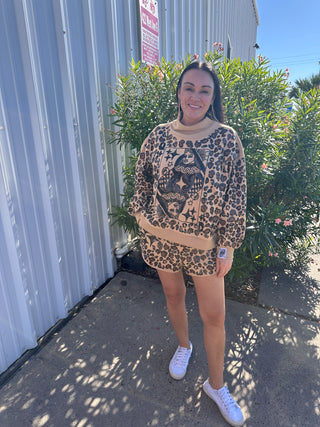 Queen of Sparkles Tan Leopard Print QOS Card Logo Sweatshirt
