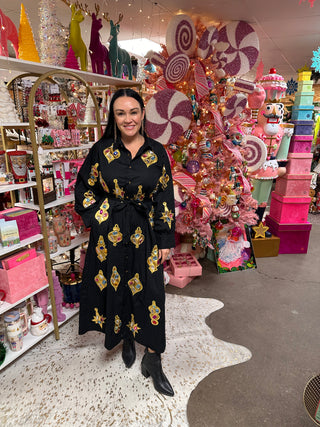 Queen of Sparkles Black & Gold Jeweled Ornament Cotton Tie Midi Dress