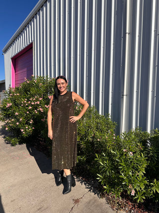 Queen of Sparkles Black & Gold Full Rhinestone Active Midi Dress