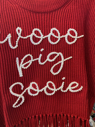 Queen of Sparkles - Red 'Woo Pig Sooie' Arkansas Fringe Sweater Vest