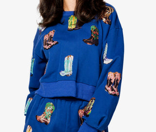 Queen of Sparkles Royal Blue Multi Cowboy Boot Sweatshirt