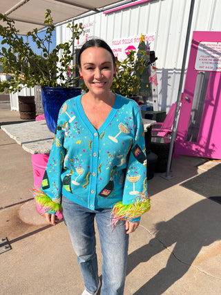 Queen of Sparkles Aqua Popping Champagne Bottle & Coupe Feather Sleeve Button Up Cardigan