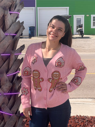 Pink Gingerbread Man Sequin Cardigan