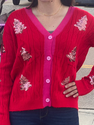 Red & Pink Christmas Tree Sequin Cardigan