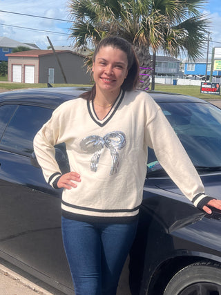 Silver Sequin Bow On Varsity Sweater