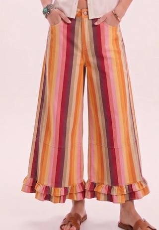 Autumn Stripe Ruffle Wide-Leg Pant
