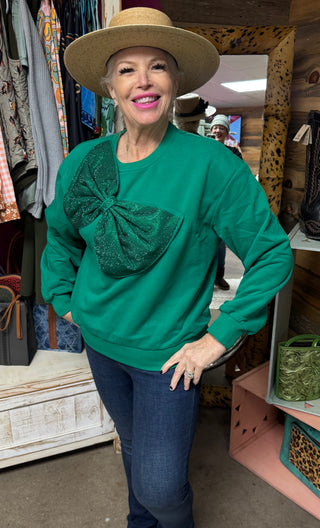 Queen of Sparkles - Emerald Green Oversized Rhinestone Bow Sweatshirt