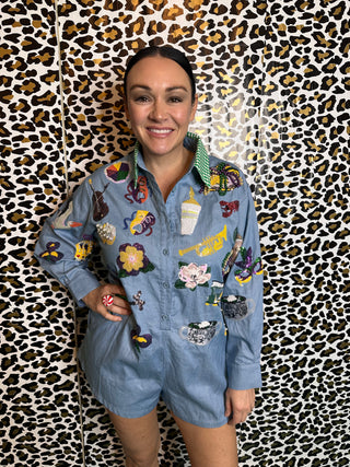 Queen of Sparkles Denim Mardi Gras Icon Romper With Green Gingham Collar