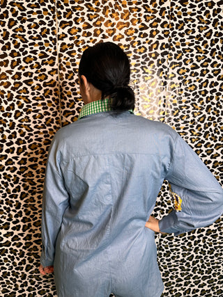 Queen of Sparkles Denim Mardi Gras Icon Romper With Green Gingham Collar