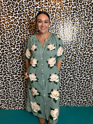 Queen of Sparkles Green & White Gingham Magnolia Button Up Cotton Midi Dress