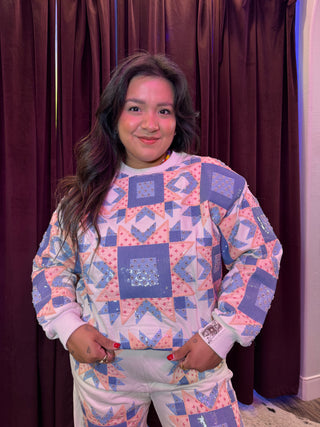 Queen of Sparkles • QOS • Ivory, Blue & Light Pink Patchwork Sweatshirt