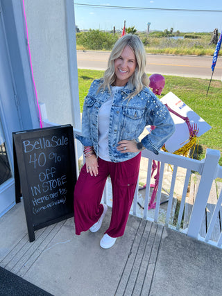 Burgundy Wide Leg Cargo Pants