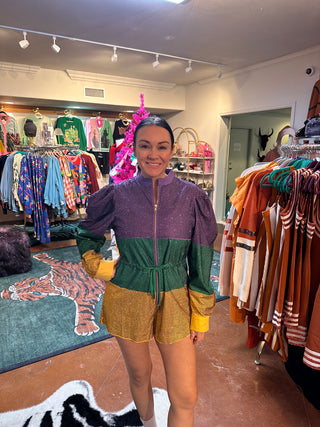 Queen of Sparkles Purple, Green & Gold Colorblock Full Rhinestone Long Sleeve Romper