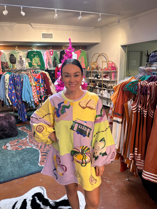 Queen of Sparkles Checkered Mardi Gras Icon Balloon Sleeve Dress