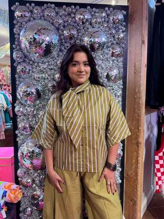 Tie Me in Olive Stripes Blouse