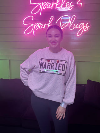 Queen of Sparkles Pale Pink Rhinestone 'Just Married' Sweatshirt